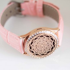 Perfume Watch Bracelet - Pink Band, Rose Gold with Diamante Locket