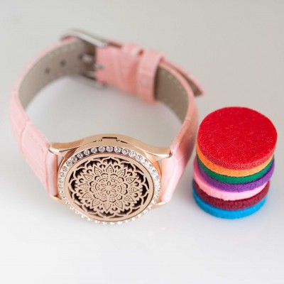 Perfume Watch Bracelet - Pink Band, Rose Gold with Diamante Locket