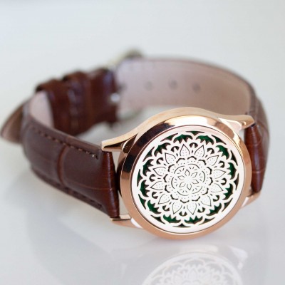 Perfume Watch Bracelet - Brown Band, Rose Gold Locket