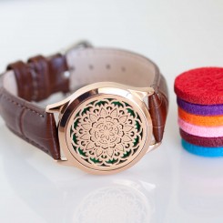 Perfume Watch Bracelet - Brown Band, Rose Gold Locket