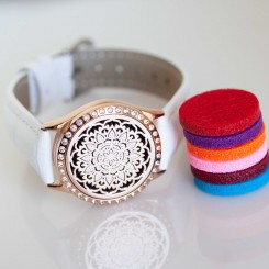 Perfume Watch Bracelet - White Band, Rose Gold with Diamante Locket
