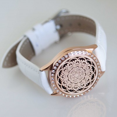 Perfume Watch Bracelet - White Band, Rose Gold with Diamante Locket